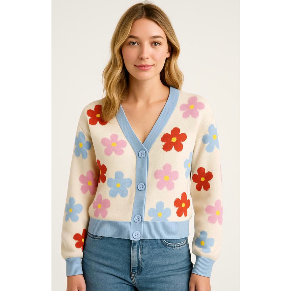 Old Navy Women's Cardigan XL‎ Cream Blue Pink Floral Garden Girl Girlhood Groovy